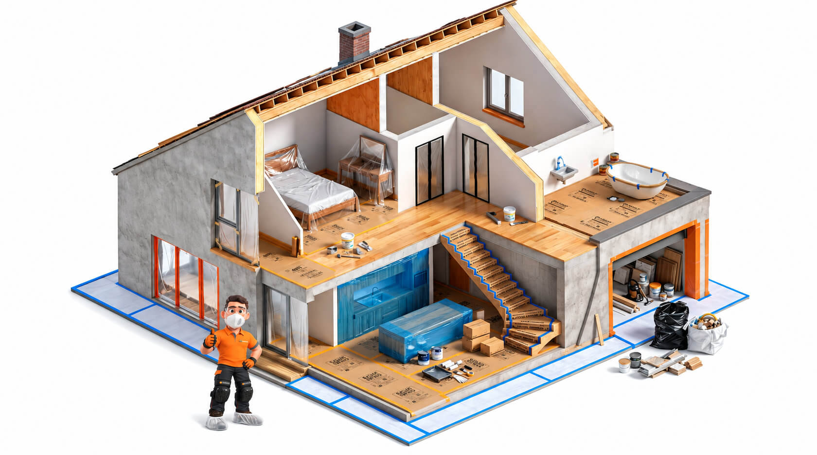 Corte isométrico de uma casa em obra mostrando onde cada produto de proteção Salvabras é aplicado