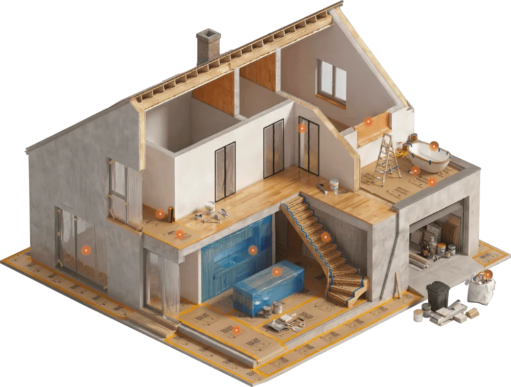 Corte isométrico de uma casa em obra mostrando onde cada produto de proteção é aplicado
